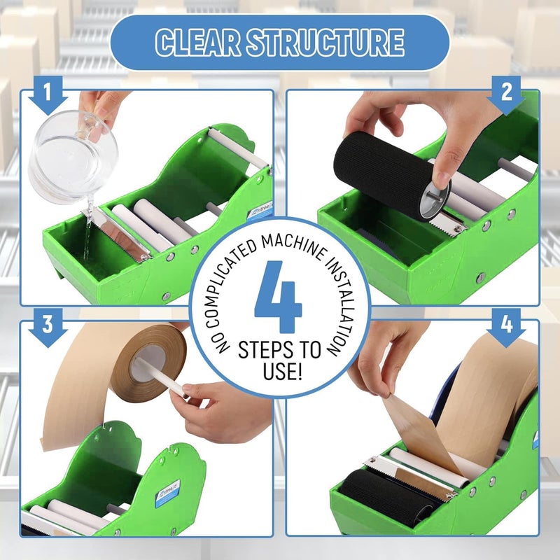 Frifreego Water-Activated Tape Dispenser, Manual Kraft Gum Tape Dispenser, Width Adjustable 1.18-3.15", Light Weight & Portable Packing Tape Dispenser Set, Green - Image 2